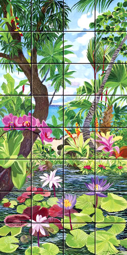 Art on Tile - Pink Orchids on Lotus Pond 6 x