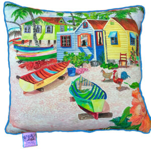 Fishing Boats on the Point Pillow- royal blue backing 18" x 18"