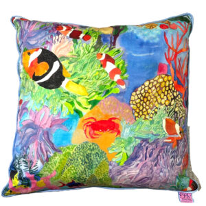 Clownfish with Crab, light turquoise backing pillow