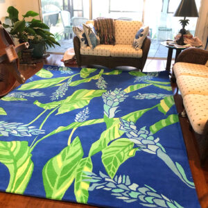 Turquoise, light blue Gingers on Royal Blue background 8ft x 10ft wool rug