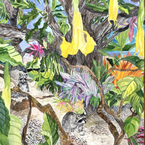 Racoons in the Garden original 22" x 14" unframed watercolor