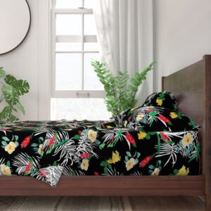 White Palms and Hibiscus on Black - Sheet Sets